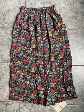 Giorgio Armani Black Midi Skirt with Red & Yellow Floral Print